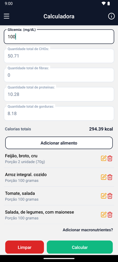 Calculadora de bolus com alimentos