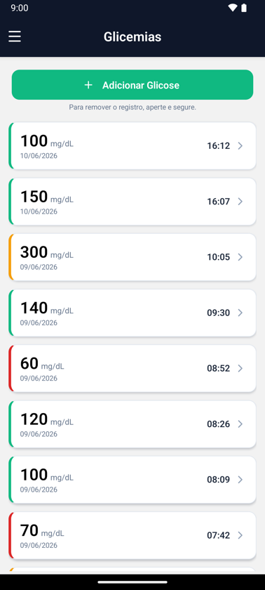 Lista de glicemias com status colorido